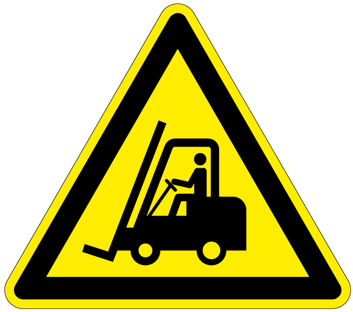 Pictogram heftrucks, geel zwart, driehoek, iso 7010, w014
